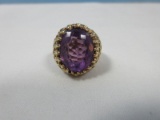 Oval Amethyst Color Stone Filigree Cocktail Ring Partial Gold Stamp Size 6 1/2