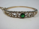 Stamped 925 Sterling Gold Overlay CZ & Simulated Emerald Center Stone Hinged Bracelet