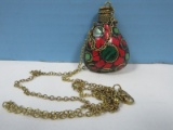 Necklace India Mosaic Perfume Oil Bottle Malachite Medallion Coral & Green Agate