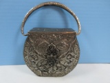 White Brass Charming India Embossed Metal handbag Purse Foliage Vine Design
