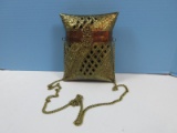 Brass Pillow Purse Shoulder Bag Pierced Reticulated & Stem Flower Design Curb Chain