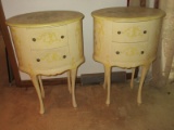 Pair Oval French Cottage Side Tables Hand Painted Pastel Floral Spray Antiqued Patina 2 Drawers