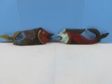 2 Folk Art Primitive Carved/Hand Painted Wooden Fish Figures. 19 1/4