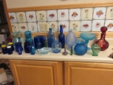 Lot Cobalt Blue Glass Tilt Lid Canister, Medicine Bottles, Blue Opalescent Footed Dish, Emily's..