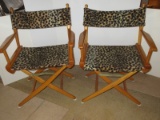 Pair Wooden Folding Director's Chairs Faux Leopard Print Back/Seat