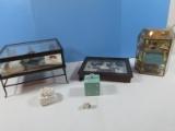 Lot Walnut Finish Shadow Box Frame w/Oval Brooches, Earrings, Display Box etc..