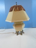 Chinoiserie Porcelain Ginger Jar Lamp on Raised Brass Footed Base Fringe Shade