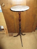 Cherry Finish Ring Turned Pedestal Plant Stand Marble Top