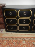 Spectacular Hollywood Regency Black and Gold Trim Dorothy Draper Style 3 Drawer Chest