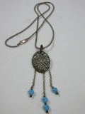 Italy 925 Sterling Snake Chain Necklace w/ Filigree Pendant Dangle Turquoise Beads