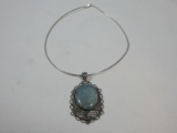 Italy 925 Sterling Spiral Chain Choker Necklace w/ 925 Sterling Victorian Era Style Cabochon