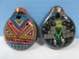 2 Clay Flute Whistles Hand Crafted Pendants Unique Painted Designs