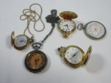 5 Pocket Watches Lady's Ever-Swiss 17 Jewels On Monet Rope Chain, Elgin, Luxury Antimagnetic