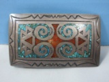 Sterling Native American Navajo Design Belt Buckle Turquoise and Coral w/ Incised Design