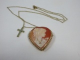 Gorgeous 585=14 Karat Gold Cameo Heart Pendant Brooch Makers Mark APA on Necklace