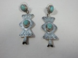 Pair Navajo Artist Eli Skeets Sterling Double Turquoise Dangle Pierced Earrings Incised Design