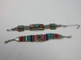 2 Tibetan Jewelry Hand Crafted Traditional Design Bracelets Turquoise Coral and Lapis Lazuli