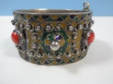 Algerian Kabyle Bracelet Coral and Enamel Ornately Embellished Enamel Work Design Hinged
