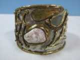 Brutalist Modernist Abstract Mixed Metal Bracelet Cuff w/ Unique Polished Gemstone