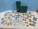 Plastic Turquoise Color Jewelry Box Filled w/ Misc. Fashion Jewelry Earrings, Sweater Clasp