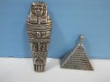 2 Sterling Egyptian Revival Pendants Mummy Sarcophagus and Pyramid