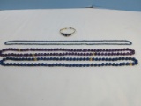 Lot Banded Amethyst Beaded Necklace Beaded Lapis Lazuli Necklace with Gold Tone Bracelet