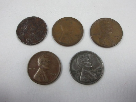 5 Lincoln Wheat Penny Cent Coins 1941 Denver Mint 2 - 1943 Steel Pennies, 1944 Denver Mint