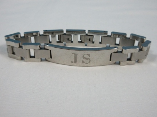 Initial Engraved "JS" Stainless Steel Men's Link Bracelet w/Quote Inscription