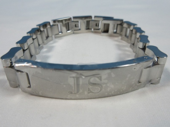 Men's Stainless Steel Link Bracelet Initials "JS" Reverse w/Quote Inscription- NIB