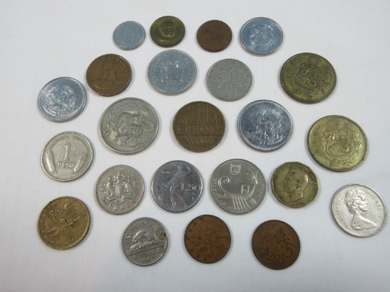 Collection Foreign Coins 1943 Three Pence, 1972 Ten Francs, 1977 Five Cents, 100 Soles Do Oro,
