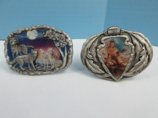 2 Striking Mens Native American Design Belt Buckles Indian Maiden Arrowhead/Feathers Relief