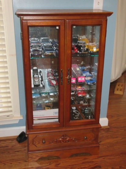 Traditional Oak Lighted Curio w/Mirror Back,Glass Shelves & Applied Scroll Acanthus Leaves ----