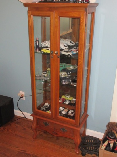 French Inspired Oak Lighted Curio w/Mirror Back, Glass Shelves & Base Drawer (No Contents)
