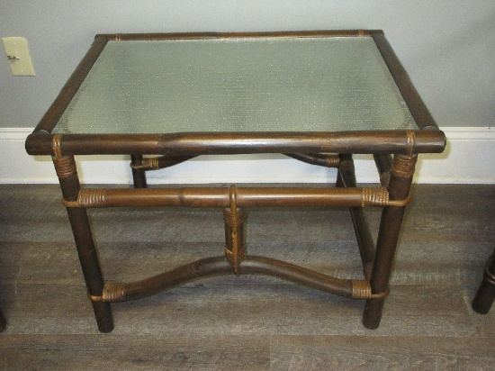 Classic Vintage Rattan Side Table w/Textured Glass Inset