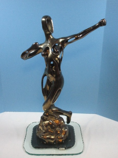 Extraordinary Abstract of An Idealized 24" Nude Ceramic Archeress Form Sculpture on Crystal/