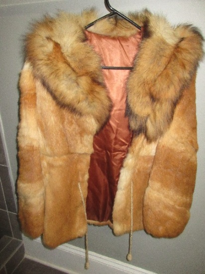 Ladies Fashion Rabbit Fur Jacket w/Fox Fur Collar. No Size/Label. Approx 26.5" Long Collar-Waist
