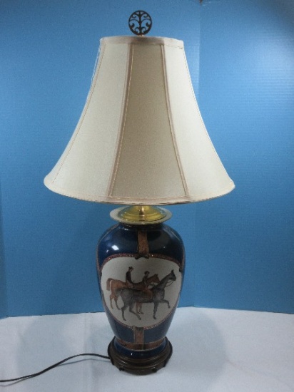 Refined Porcelain Vase Form 33" Table Lamp on Footed Base Chinoiserie Equestrian Hand Paint