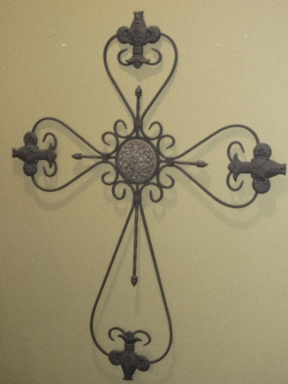 French Inspired Wrought iron Wall D‚cor Fleur De Lis Cross w/Center Relief Medallion 34.5"L x 27
