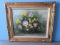 Still Life Pink Roses & Yellow Daisies in Footed Vase Carved Signed Original Oil on Canvas in