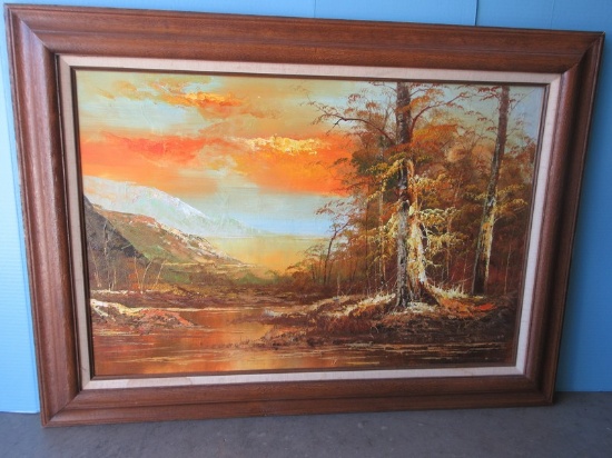 Fall Landscape Mountainous Background Original Oil on Canvas Signed Longman in Frame & Linen