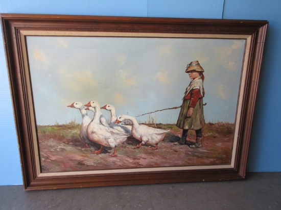 Titled "To Pastures New" Depicts Girl w/Gaggle of Geese on The Move Fine Art Giclee on Canvas