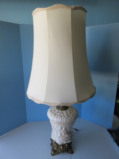 Regal Neoclassical 38" Table Lamp w/Maidens Relief Scene Font Ornate Brass Tone Base &
