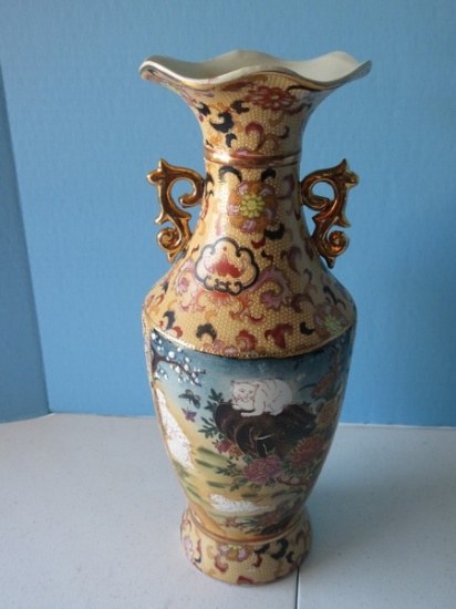 Striking Asian 14" Vase Hand Painted White Tigers, Gilt Double Handles & Flared Ruffled Edge