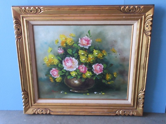 Still Life Pink Roses & Yellow Daisies in Footed Vase Carved Signed Original Oil on Canvas in