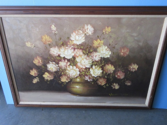 Still Life Stem Roses Bouquet In Vase Original Artwork Oil on Canvas Signed Robert Cot In Frame
