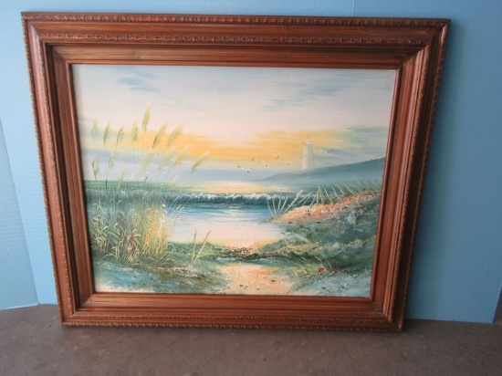 Dunes w/Seagrass & Rolling Waves Lighthouse Background Beach Scene Oil on Canvas Artist