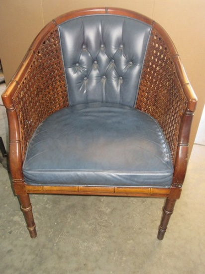 Bergere French Regency Style Barrel Back Chair Fruitwood Bamboo Design Diamond Tufted Vinyl