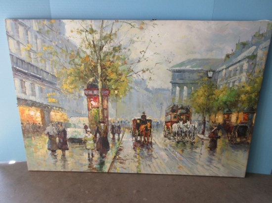 Impressionist Paris Street Scene Scape w/Horse Drawn Carriages Giclee on Gallery Wrap Canvas