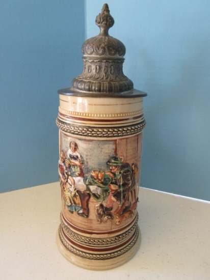 Stoneware German Stein w/Hinged Pewter Lid Relief Pub Scene Lid w/Engraving