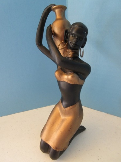 Resin Africa Woman 7 1/2" Statuette Holding Vassel Gilt Accent & Hoop Earrings